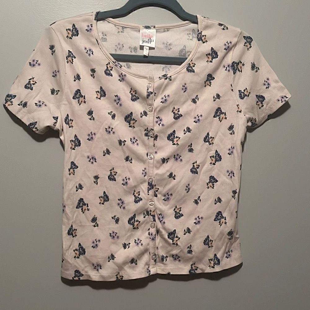 Belle Du Jour Women's Cream Button Front Ribbed Floral Cotton Top Large NWT